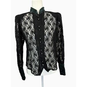 Womens M Black Sheer Floral Lace Blouse Velvet-Look Trim Rhinestone Buttons Goth